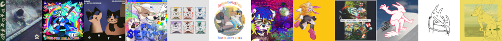 A decorative banner of various furry music albums at a small scale. The albums are as follows: Opal by Lulamoon, Pom Pom Guillotine by Lizzy's Personal Army, Gato by David Wojciechowski and Victor Fritzsche, Fan Service by Mail Pup, All These Faces by Gabuislost, How to Drive a Bus by I've Made Too Much Pasta, YR 3Y35 by  Sophiaaaahjkl;8901, Honey by Wangleline, Don't You Think It's Strange? by Spring Silver, Self Help Pt. 3 by Baltyk, Twin Fantasy (2019) by Car Seat Headrest, and Bicycle by Patricia Taxxon.